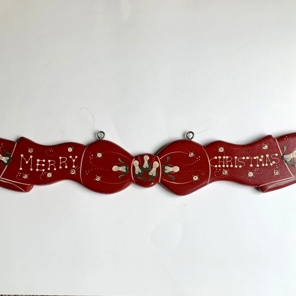 Red Merry Christmas Hanging Wood Sign Wall Plaque Ribbon Bow Hand Painted 24”
